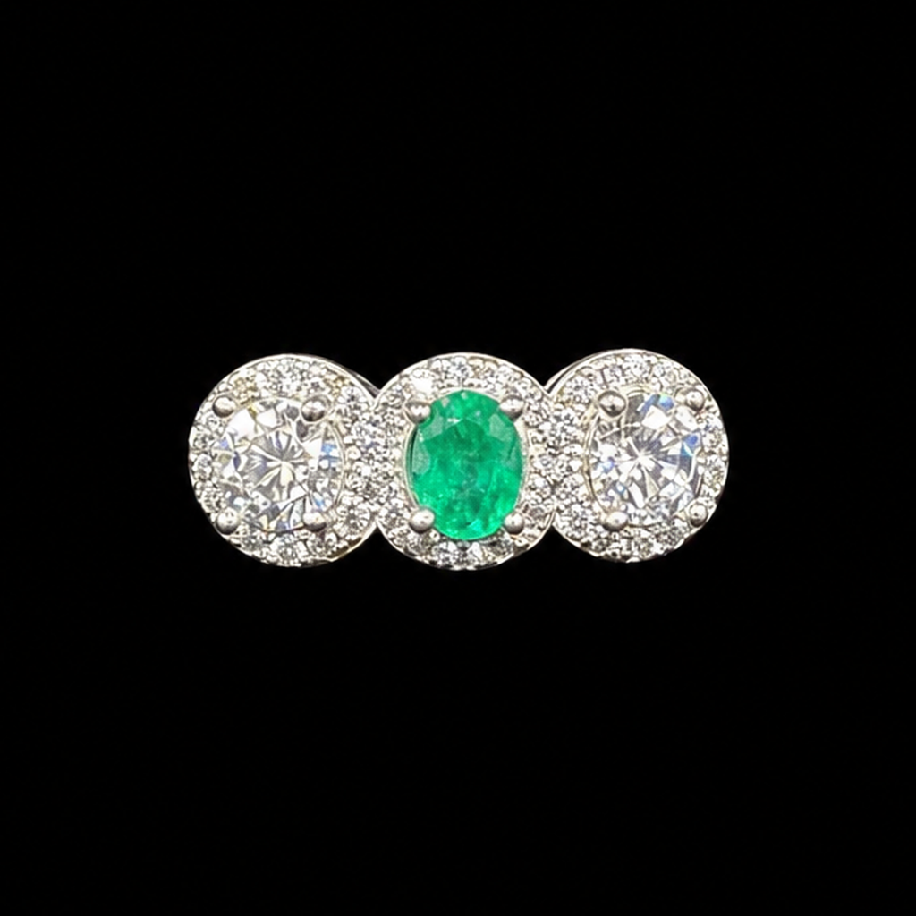 Colombian Emerald Three-Stone Ring — 0.26ct Natural Emerald with Pavé Halos, 925 Sterling Silver