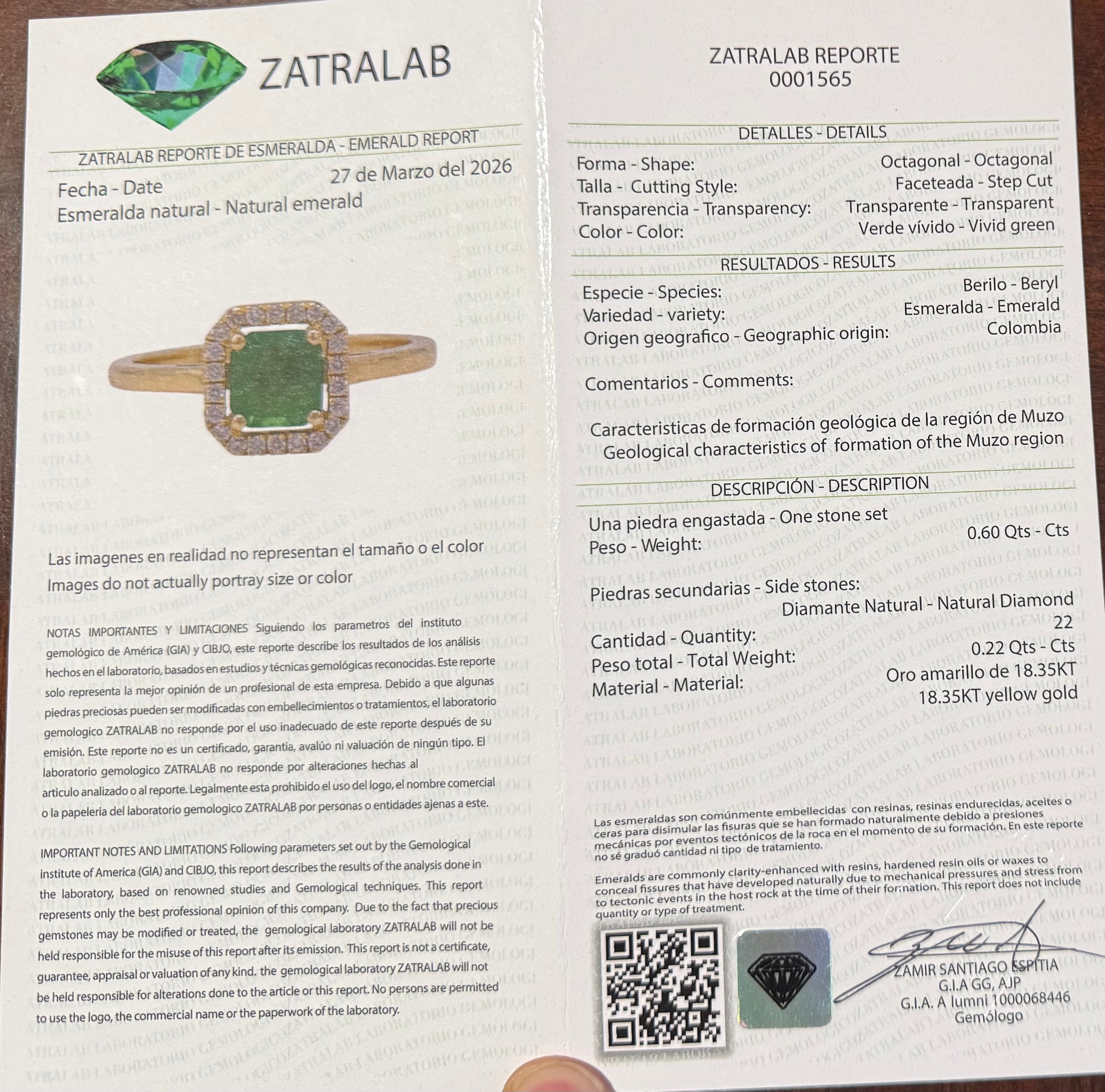 Natural Colombian Emerald & Diamond Halo Ring in 18K Yellow Gold - 0.60ct Vivid Green Emerald + 0.22ct Natural Diamonds | Certified