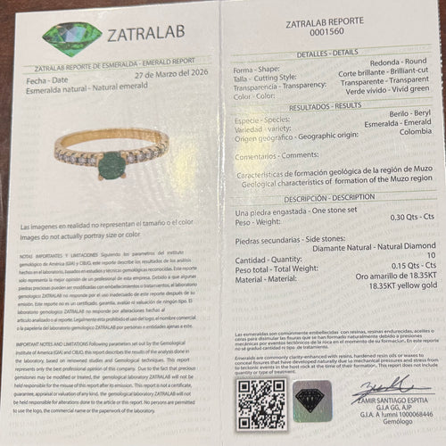Natural Colombian Emerald & Diamond Ring in 18K Yellow Gold - 0.30ct Vivid Green Round Emerald + 0.15ct Natural Diamonds | Certified