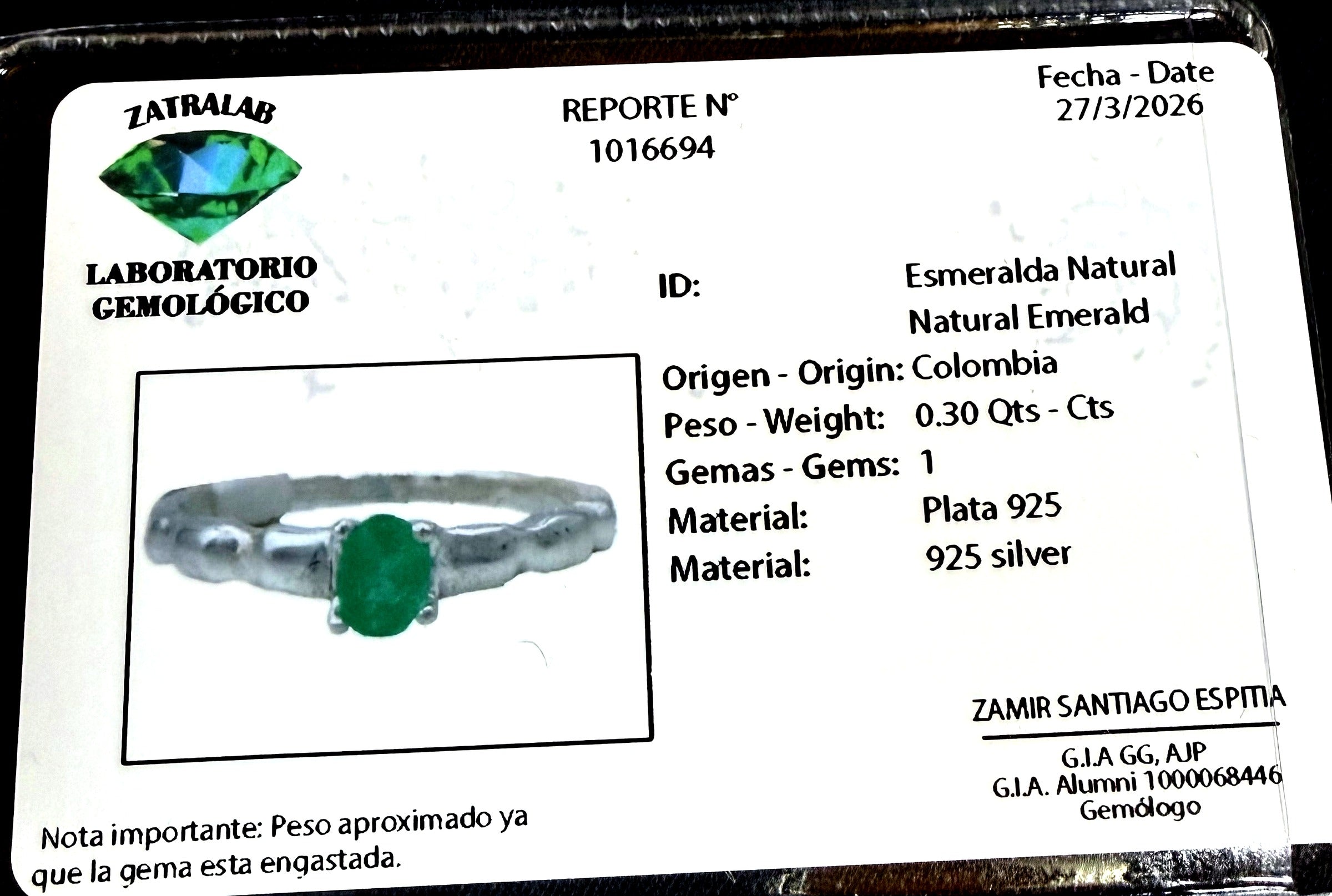 Colombian Emerald Solitaire Ring — 0.30ct Natural Emerald, 925 Sterling Silver