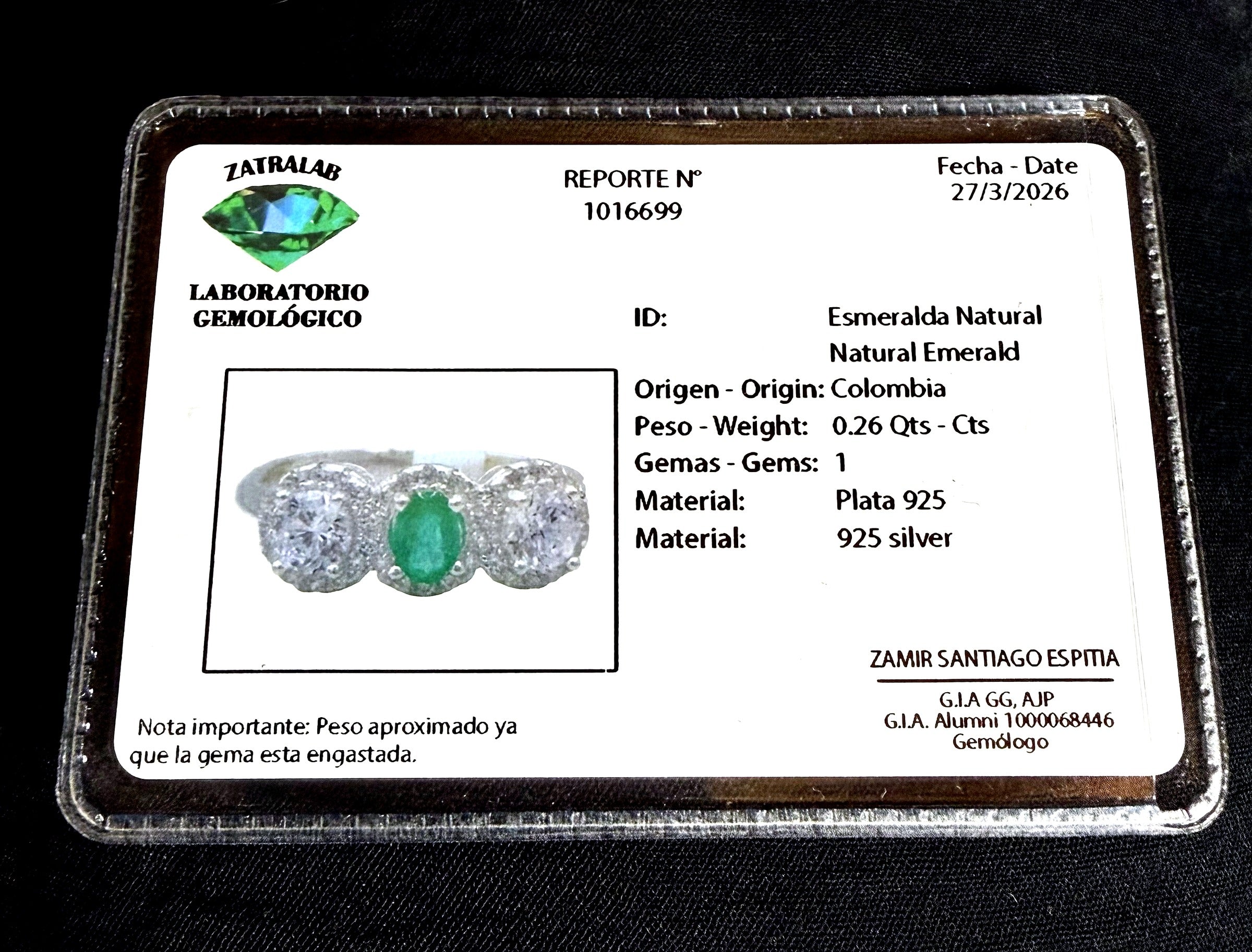 Colombian Emerald Three-Stone Ring — 0.26ct Natural Emerald with Pavé Halos, 925 Sterling Silver