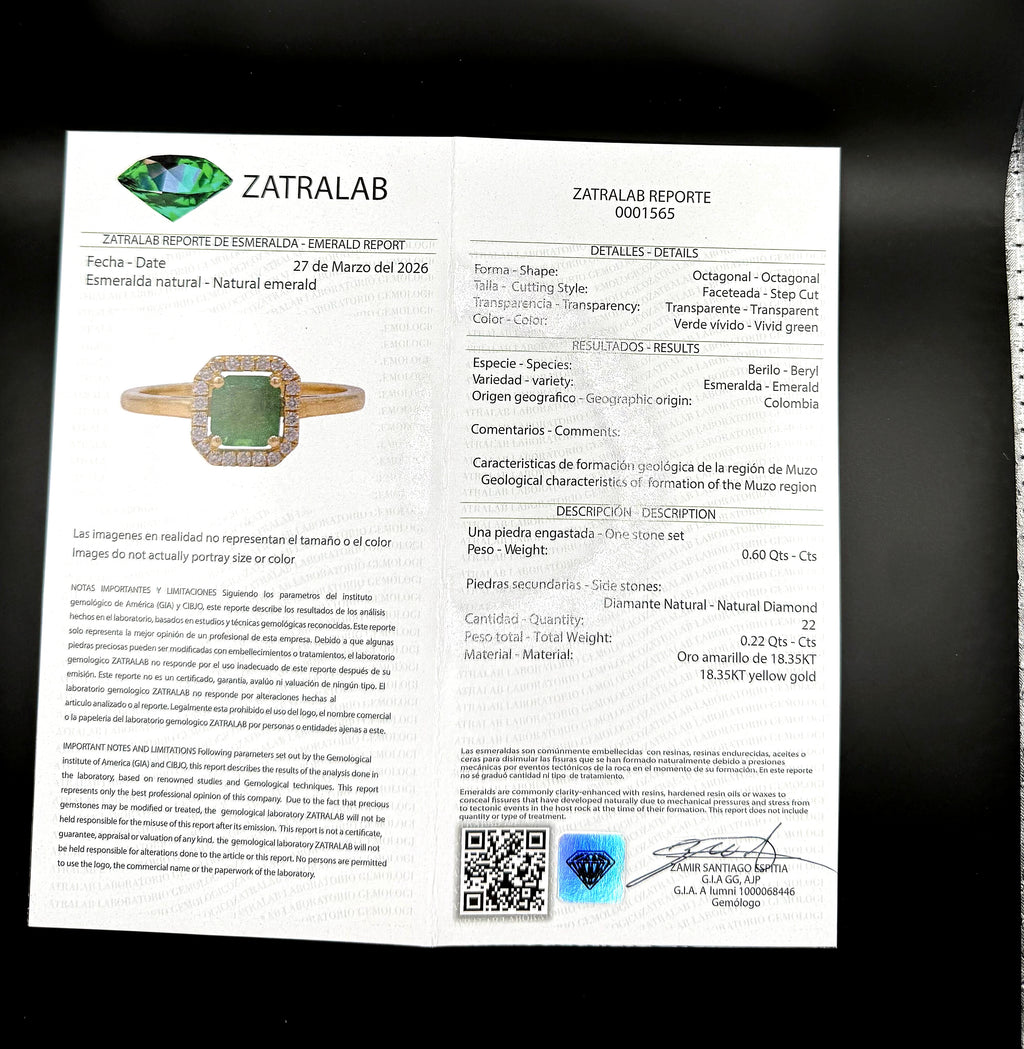 Natural Colombian Emerald & Diamond Halo Ring in 18K Yellow Gold - 0.60ct Vivid Green Emerald + 0.22ct Natural Diamonds | Certified