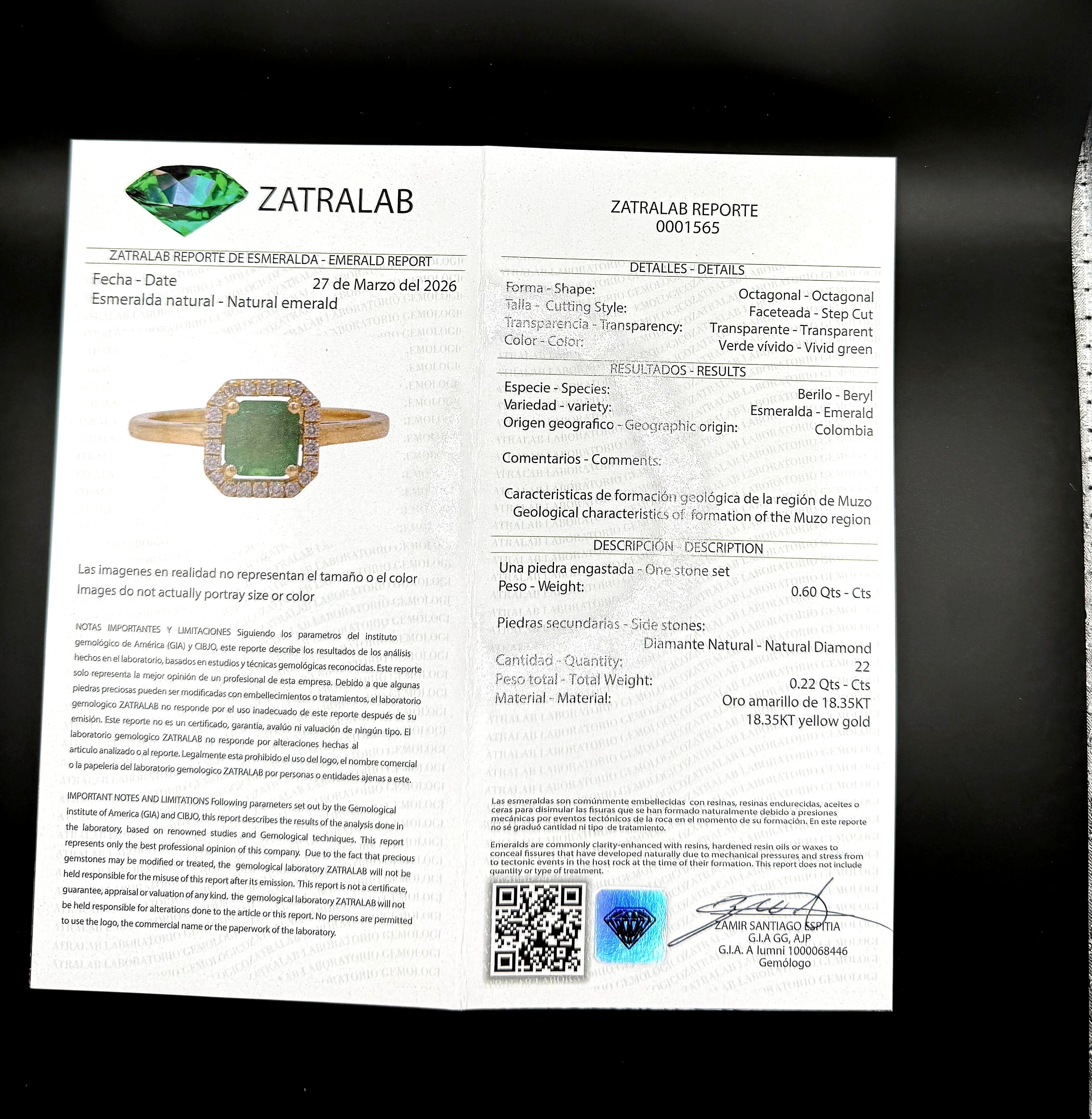 Natural Colombian Emerald & Diamond Halo Ring in 18K Yellow Gold - 0.60ct Vivid Green Emerald + 0.22ct Natural Diamonds | Certified