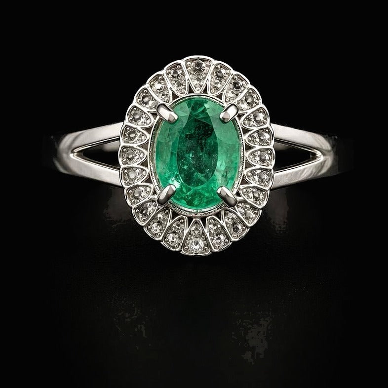 Oval Colombian Emerald Halo Ring — 0.80ct, 925 Sterling Silver