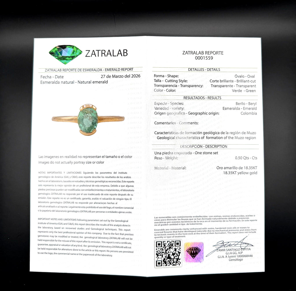 Colombian Muzo Emerald Solitaire Ring — 0.50ct Oval, 18K Yellow Gold
