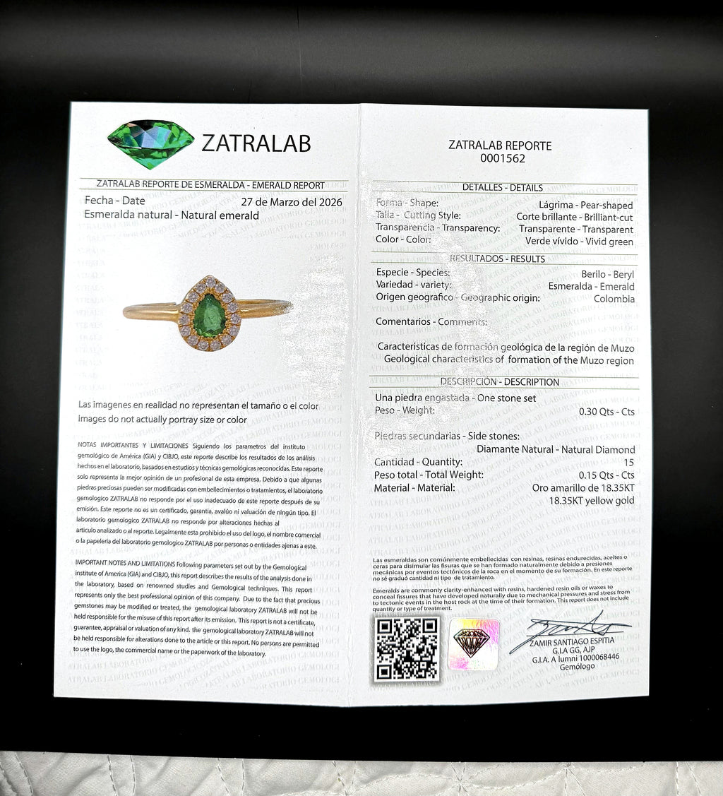 Pear-Shaped Colombian Emerald Halo Ring — 0.30ct Muzo Origin, 18K Yellow Gold
