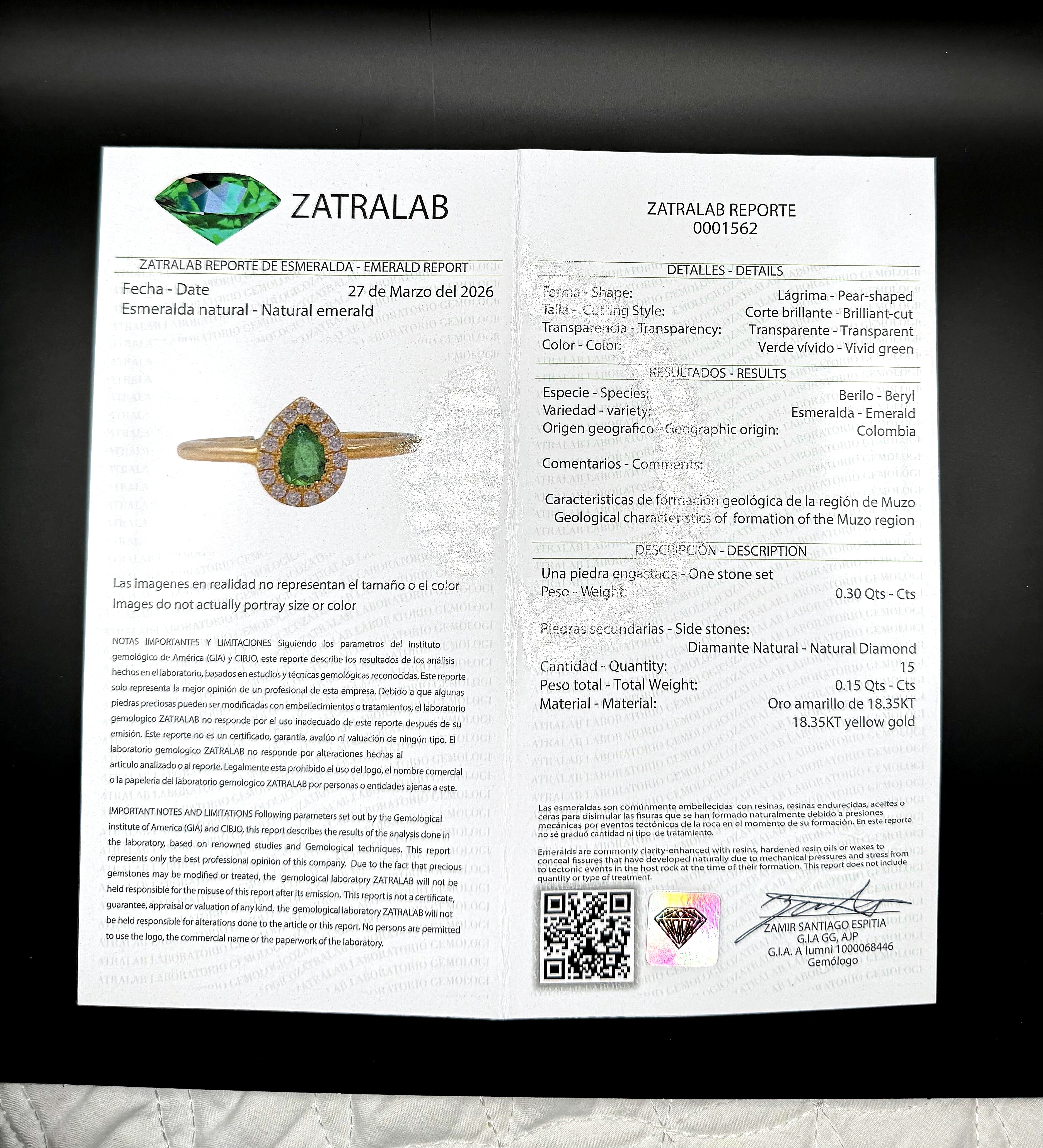 Pear-Shaped Colombian Emerald Halo Ring — 0.30ct Muzo Origin, 18K Yellow Gold