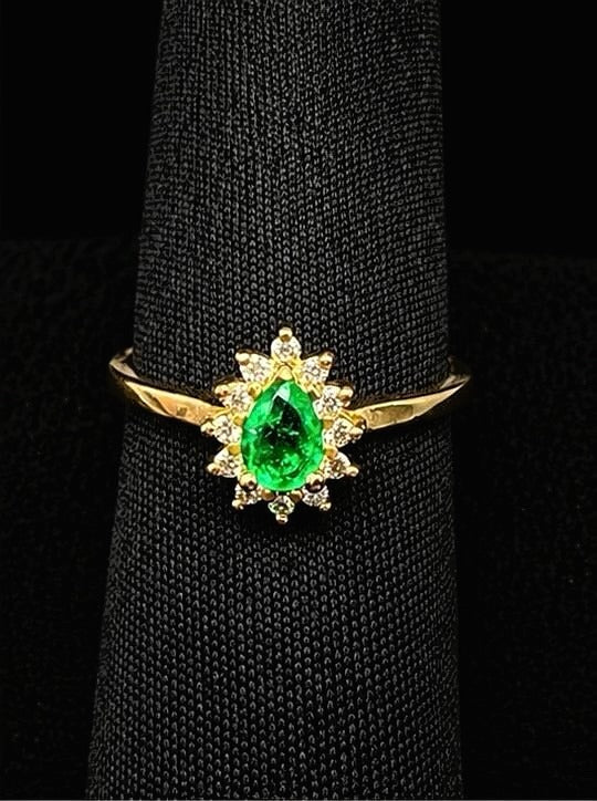 Pear-Shaped Colombian Emerald & Diamond Halo Ring — 0.38ct Muzo Origin, 18K Yellow Gold