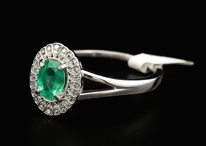 Oval Colombian Emerald Halo Ring — 0.80ct, 925 Sterling Silver