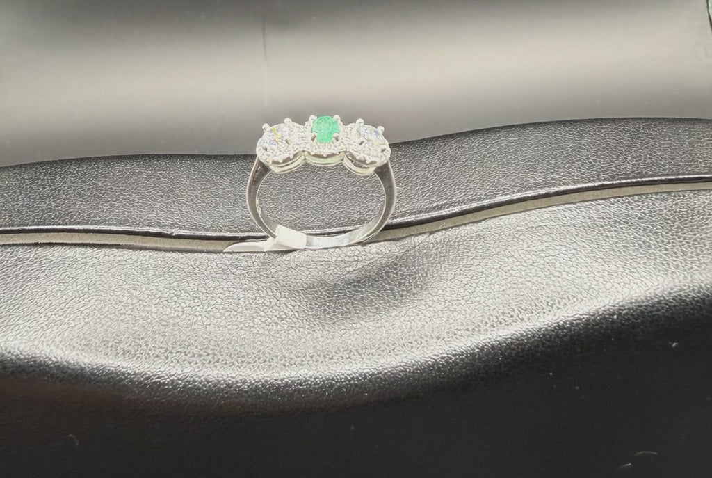 Colombian Emerald Three-Stone Ring — 0.26ct Natural Emerald with Pavé Halos, 925 Sterling Silver