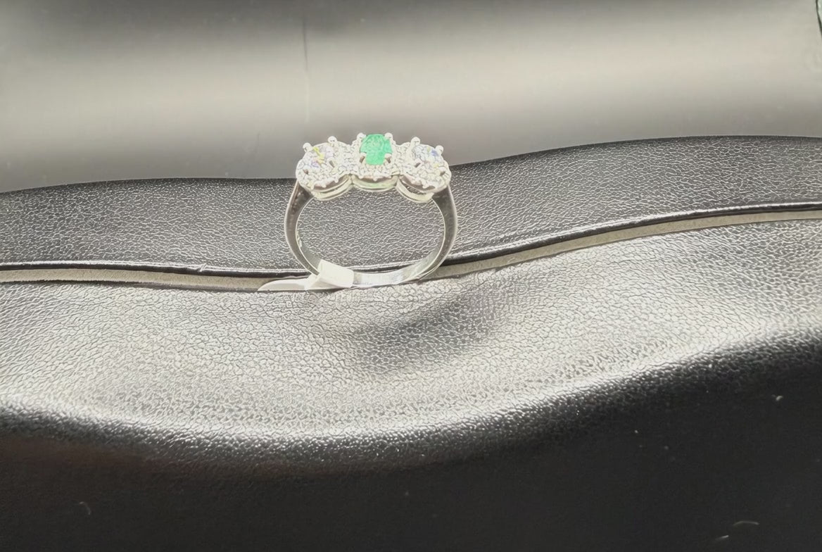 Colombian Emerald Three-Stone Ring — 0.26ct Natural Emerald with Pavé Halos, 925 Sterling Silver